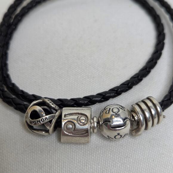 Pandora Sterling Silver Black Leather Braided Wrap Bracelet w/ 3 Charms - Picture 6 of 10